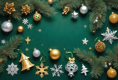 The primary subject of the image is a collection of Christmas ornaments, including gold and white ornaments, hanging from a tree. The setting is a green background, which adds a festive touch to the scene. The visual style is a combination of photo and digital art, creating a realistic yet artistic representation of the ornaments. The colors and mood of the image are predominantly gold and white, evoking a warm and joyful atmosphere associated with the holiday season.